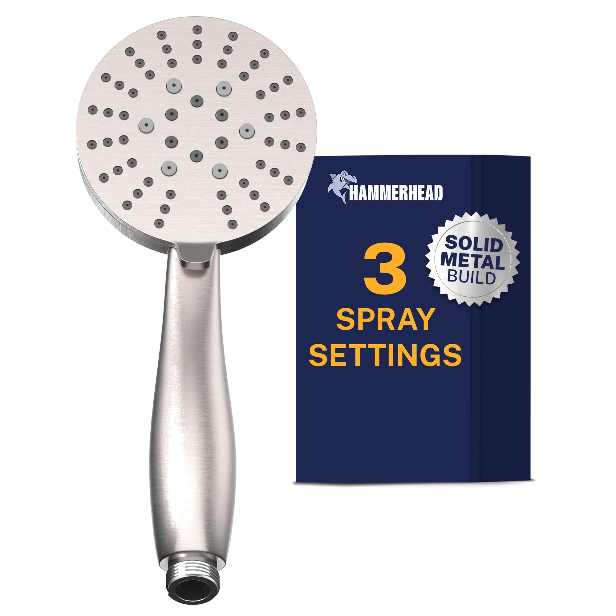 HammerHead Showers® Solid Metal 3-Spray Hand Held Shower Head, Brushed Nickel | Select from Wide, Massage, and Mist Sprays | 2.5 GPM High Flow Handheld Showerhead | Made from 304 Stainless Steel
