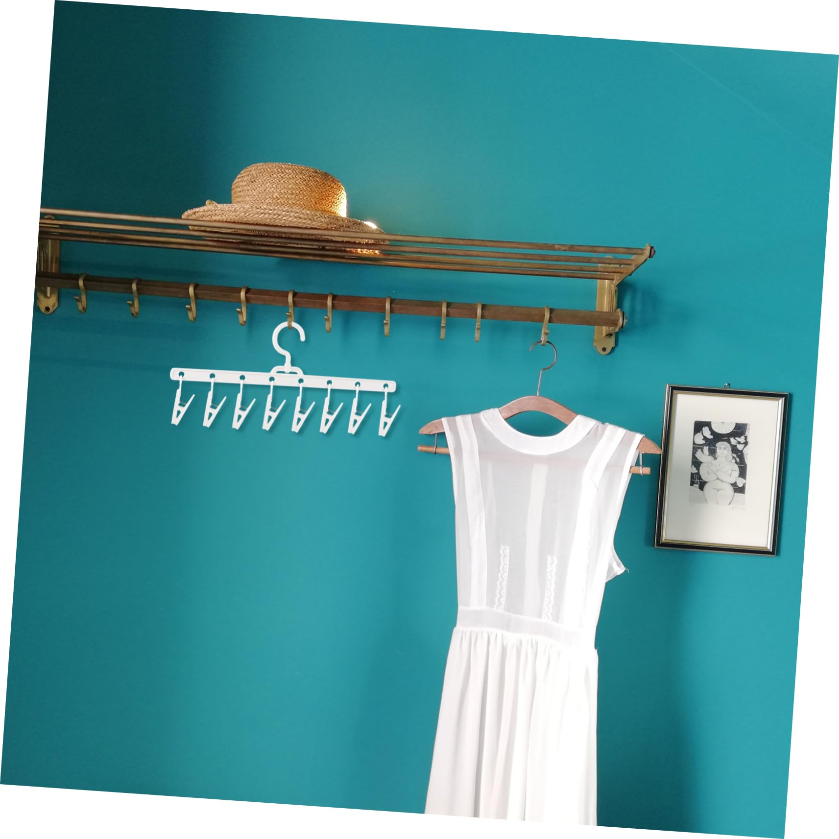 Foldable Windproof Clips Drying Rack for Socks and Underwear, Portable Plastic Hanger with 8 Clips for Laundry and Travel, White