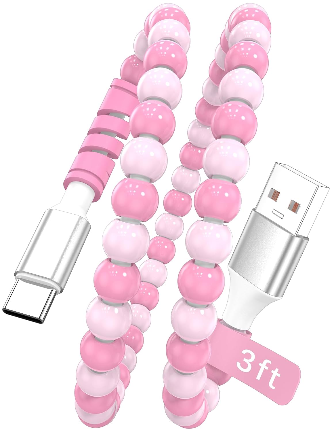 Jiunai 3ft Beaded USB C Phone Charger for Carplay USB A to Type C Pink