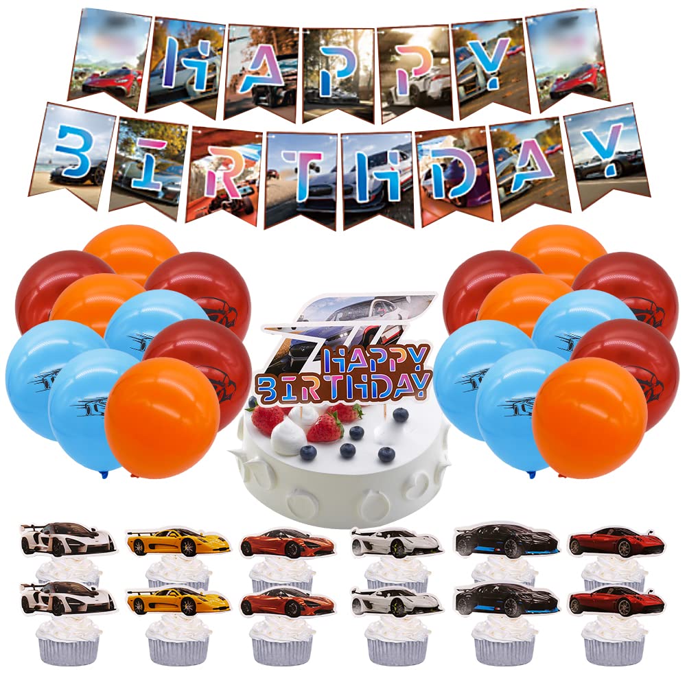 UZSXHJ 32PCS Race Car Birthday Decorations, Kids Racing Theme Party Supplies, with Banners, Latex Balloons, Cake Topper, for Racing Theme Party