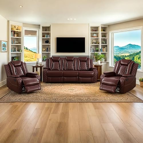 Miniatura 6 de Juego de sillón reclinable eléctrico con luces LED, juego reclinable de cuero Air con puerto USB/cargador inalámbrico/consola de