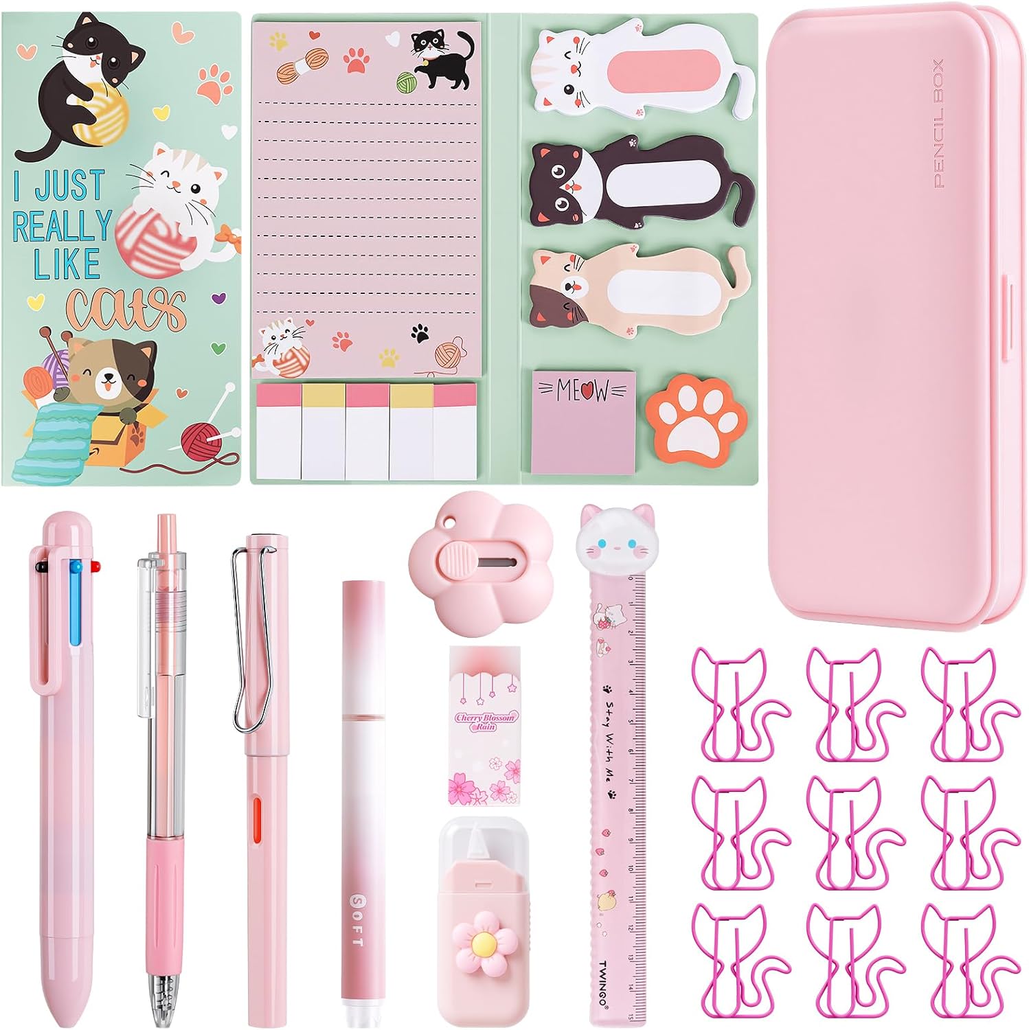 11 Pcs Pink Cute Cat Stationery Gifts Set, Kawaii School Supplies