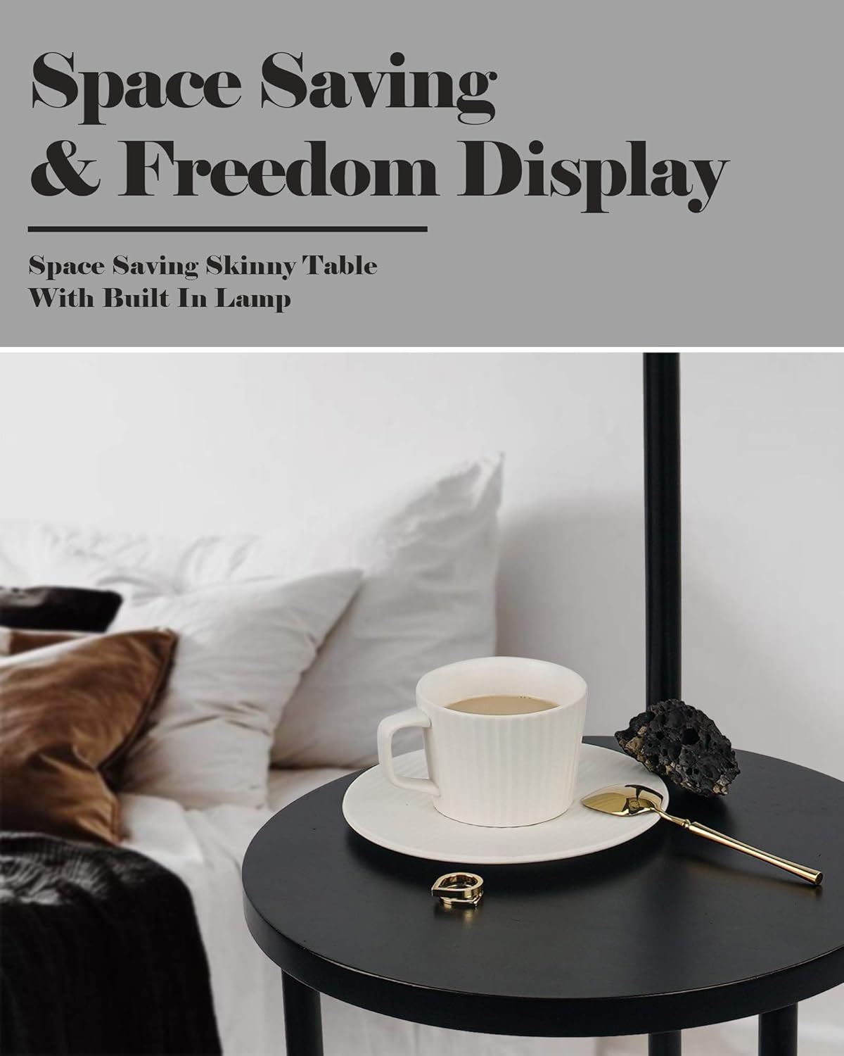 ELYONA Modern Floor Lamp for Living Room, Solid Wood Side Table Lamp with Grey Fabric Drum Shade, 3-Color Temperatures End Table Standing Light for Bedroom, Living Room, LED Bulb Included, Matte Black