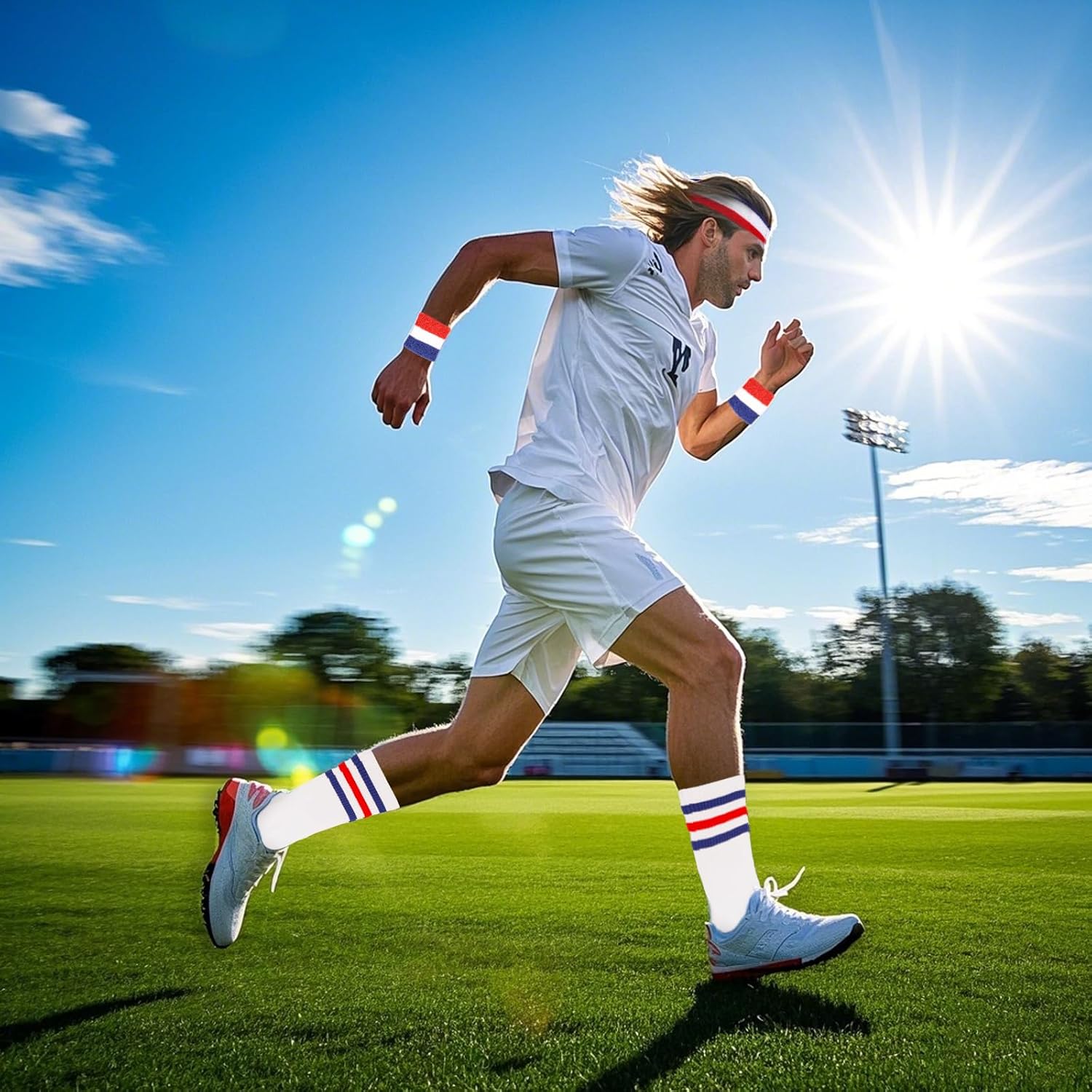5PCS Striped Sweatbands Set American Flag Style with Colorful Cotton Striped Socks Sports Headband and Wristbands - Image 2