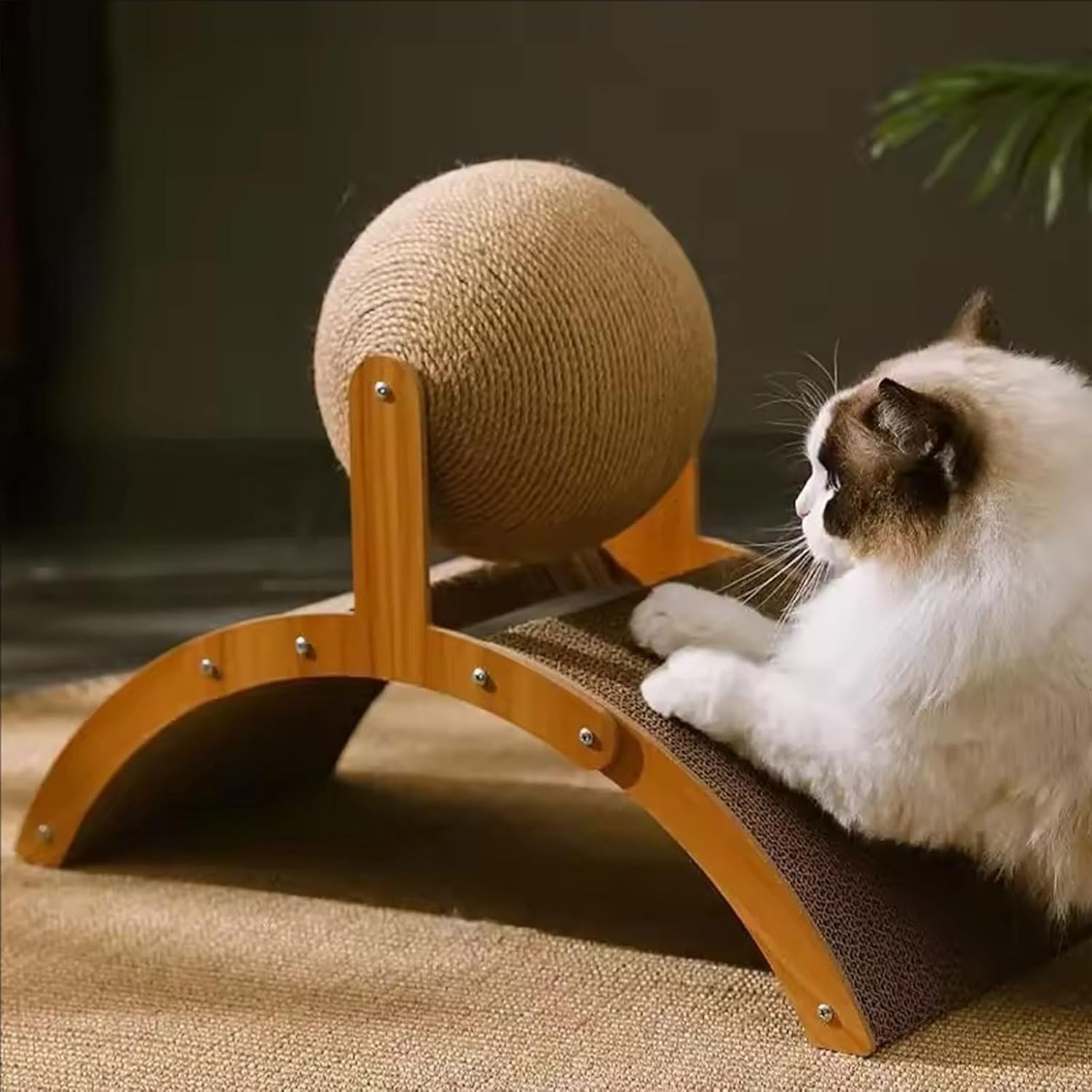 Cat Scratching Ball on Stand, 2-in-1 Interactive Sisal Cat Scratcher Toy with Arch Bridge and 360° Rotating Sisal Ball Protects Furniture & Rugs for Indoor Cats Kittens (L)