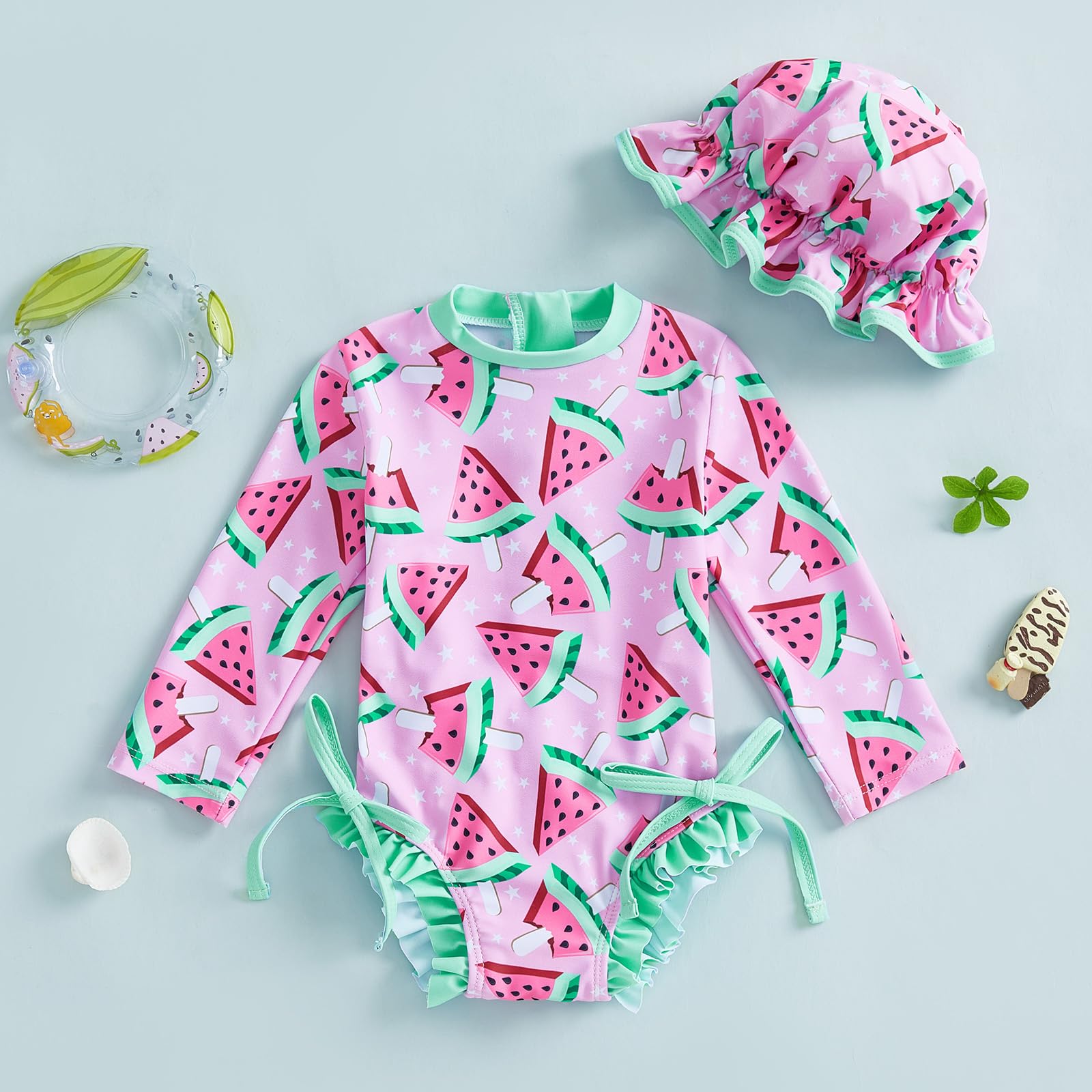 Amnnchya Baby Girl Fruit Swimsuit Ruffle Long Sleeve One-Piece Swimwear Toddler Infant Newborn Rash Guard Bathing Suit (Pink Watermelon, 6-9 Months)