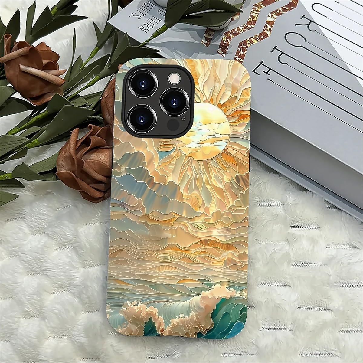 ZHEGAILIAN Case for iPhone 13 Pro Max,Ocean Waves Sun Rays Stained Glass for 2 in 1 Hard Shell   Soft Silicone,Shockproof Bumper Drop Protective Case for iPhone 13 Pro Max