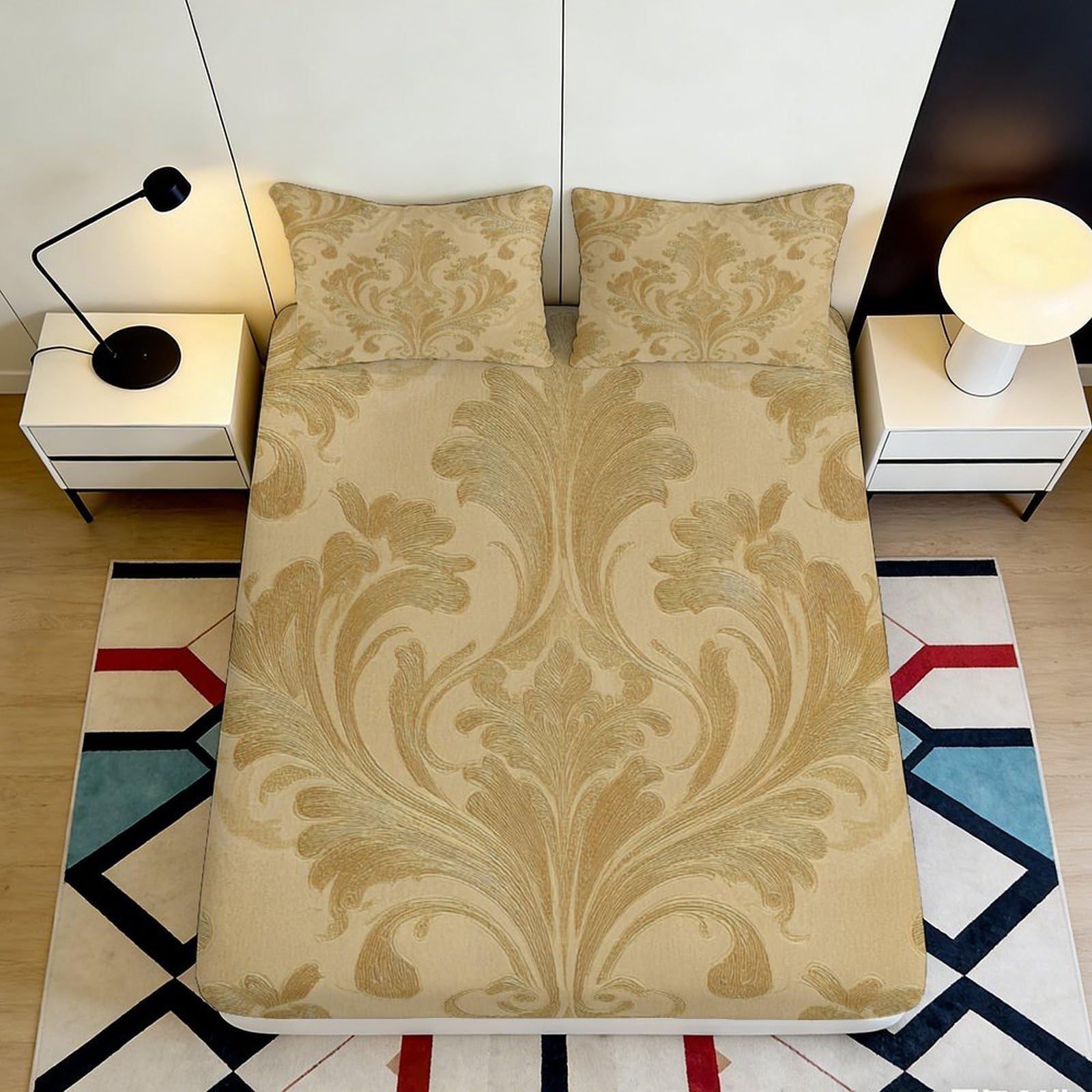 3D Printed Baroque Pattern Fitted Sheet Microfiber Soft Breathable Floral Damask Mattress Cover for Bedroom Dormitory Guest Room Protection Decor 180x200x25cm