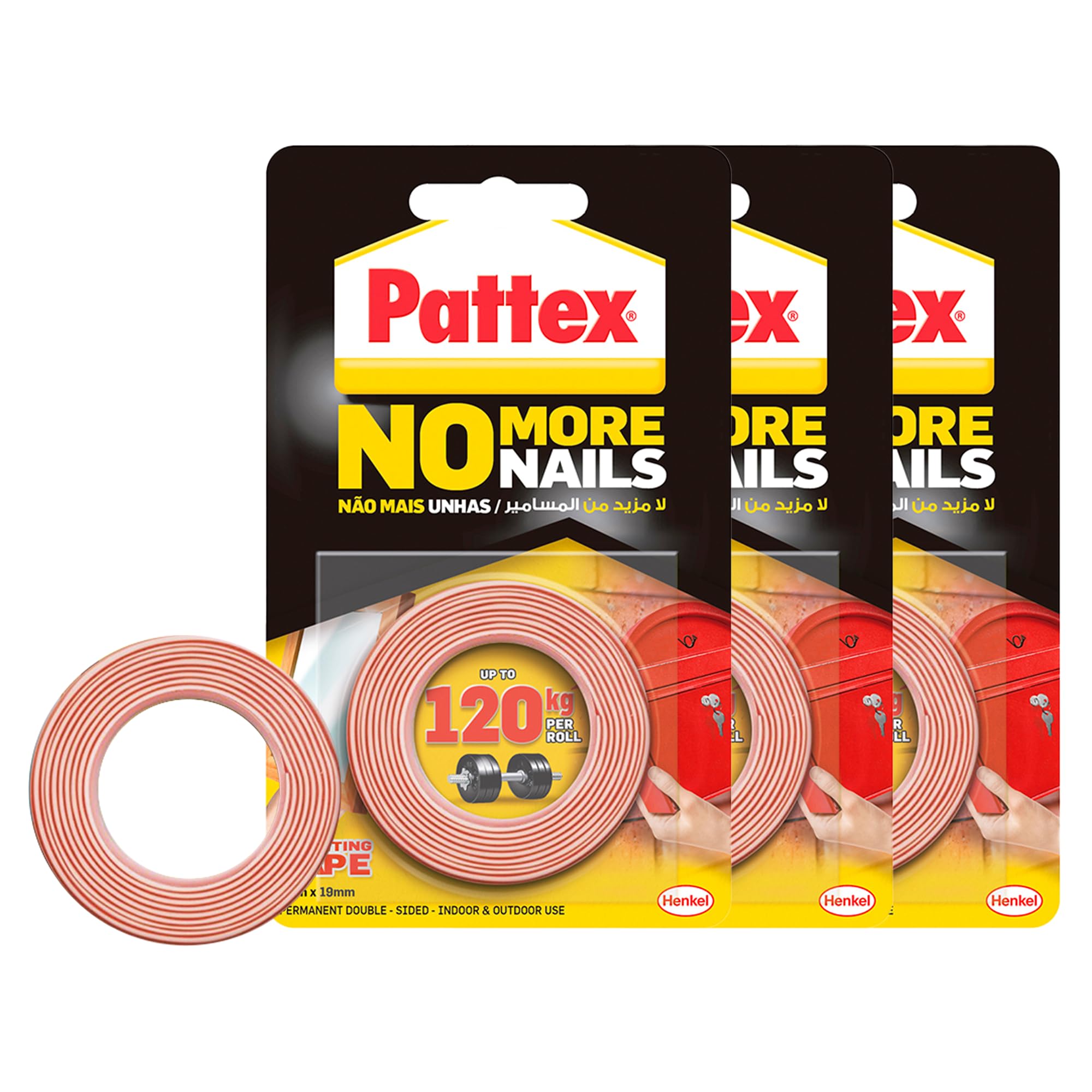 Pattex No More Nails Mounting Tape, All Purpose Double-Sided Foam Tape, Compatible with Mirror, Metal, Wood, Bricks, Stone, Tiles & More, Capacity: Upto 120kg/ Roll, 19mm x 1.5m Roll (Pack of 3)