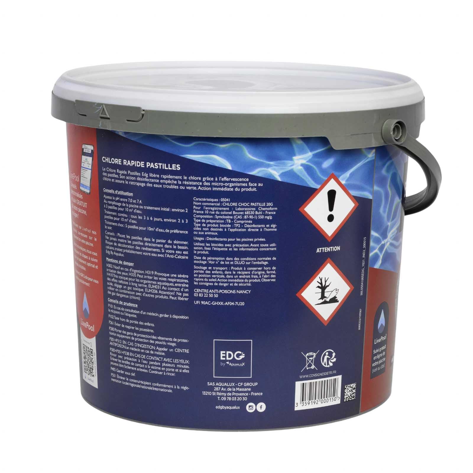 EDG by AQUALUX INTERNATIONAL - Chlore Rapide (Choc) Piscine - Pastilles 20g - Seau 5kg - Effet Immédiat - Spécial Rattrapage Eaux Vertes Usage Intensif Temps Orageux