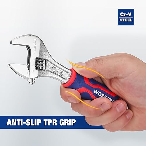 Miniatura 6 de WORKPRO Llave ajustable de 6 pulgadas, llave de apertura de mandíbula ancha con agarre antideslizante de goma, escalas métricasSAE, acero Cr-V