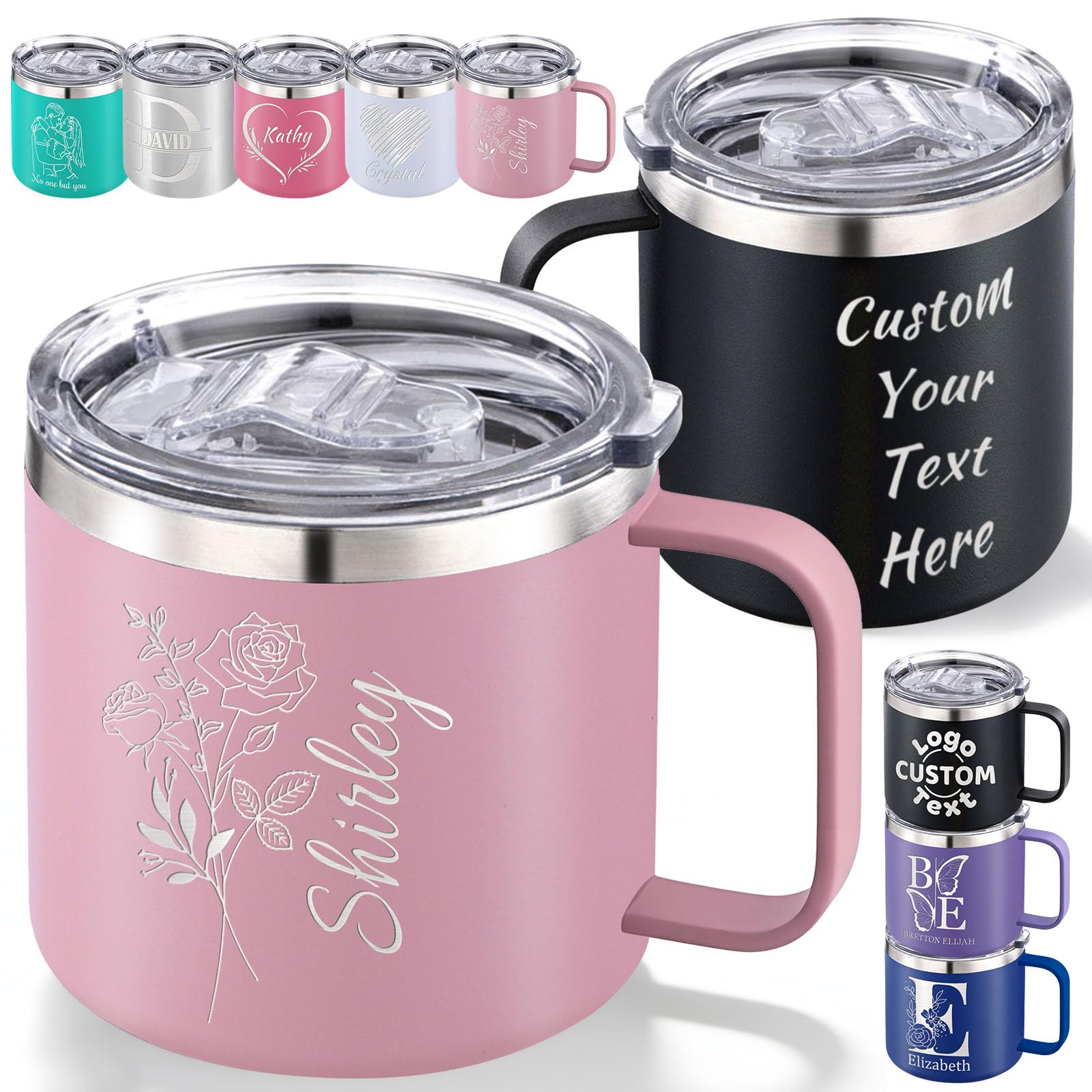 Personalised Insulated Coffee Mug with Name/Text/Logo Engraved, Custom Stainless Steel Travel Tumbler with Lid Handle Double Wall Thermal Cup Customised Office Outdoor Birthday Corporate Gift-12/14oz