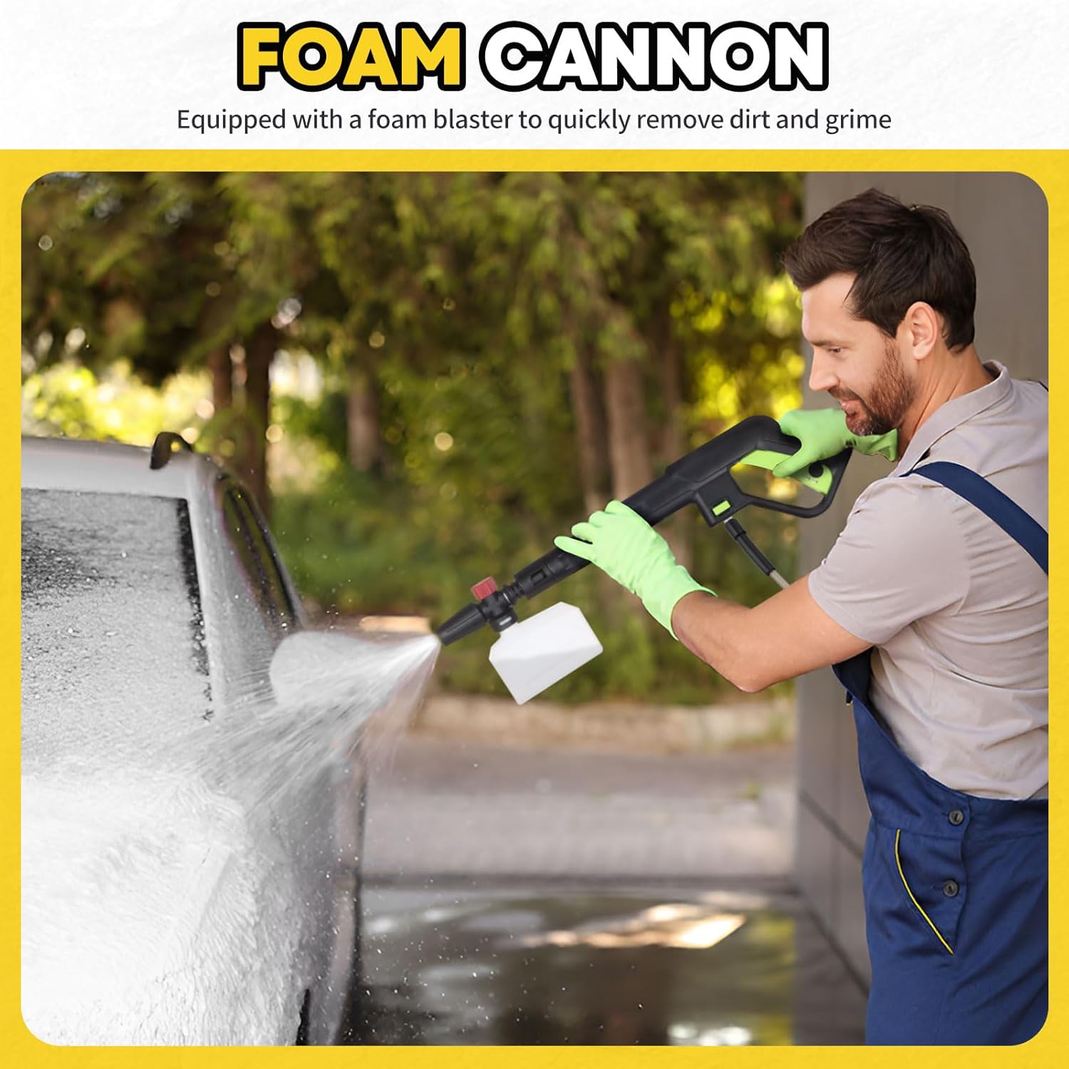 Person using a foam cannon with the WorkBless pressure washer to clean a car