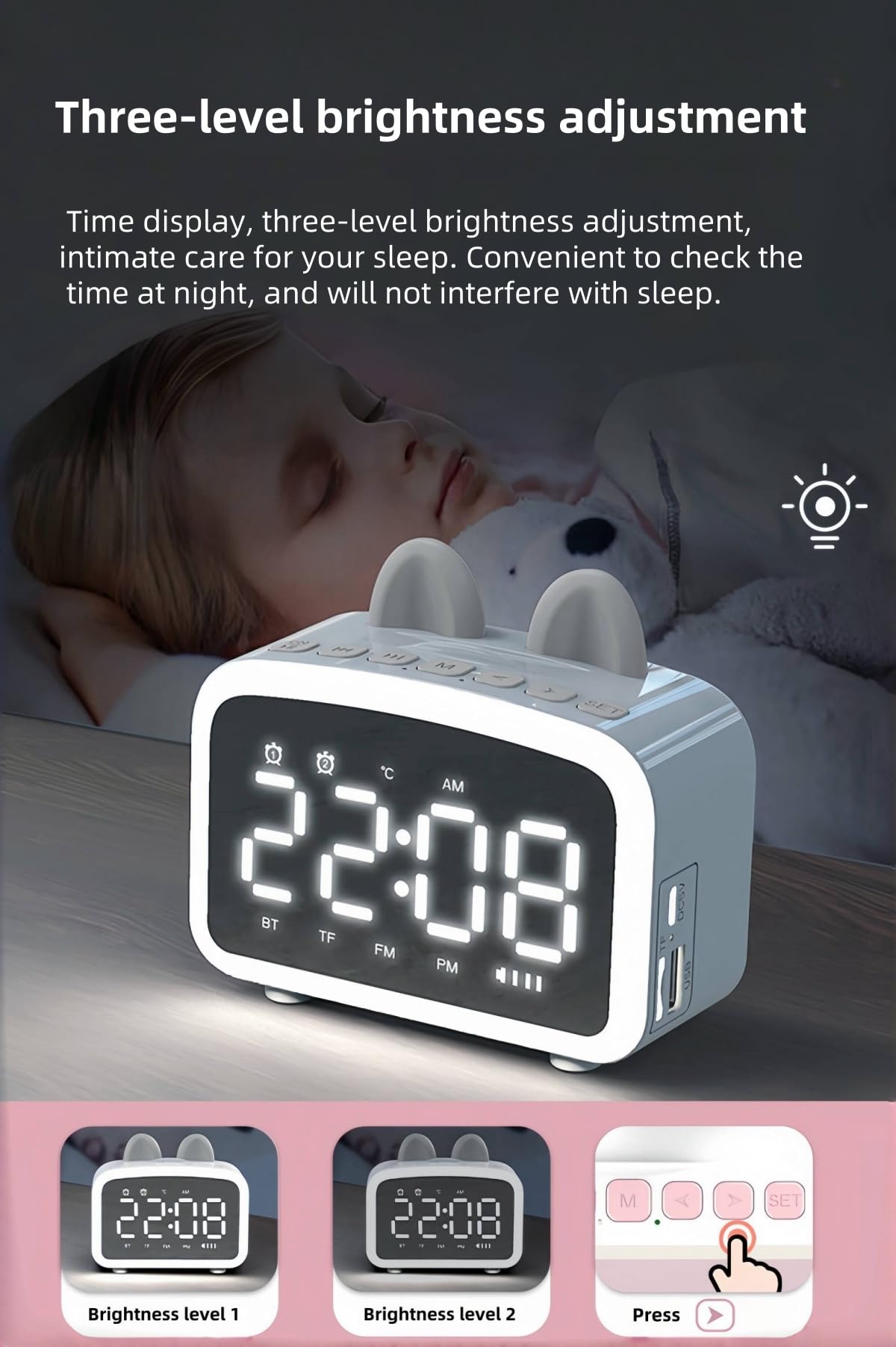 Sveglia Bluetooth con radio, orologi digitali con altoparlante Bluetooth, sveglia da comodino, luce notturna, lettore musicale con scheda TF, regalo per amici/bambini (WH)