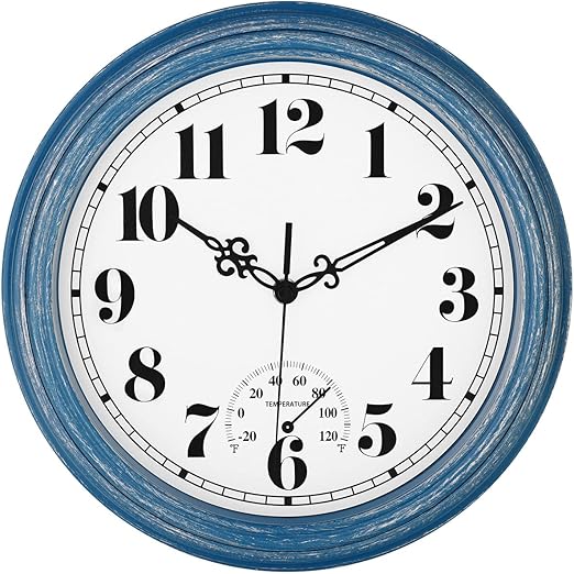 zyzamay 12 Inch Indoor Outdoor Clocks,Waterproof Wall Clock with Thermometer,Easy to Read,Non-Ticking Battery Operated Quality Quartz Clock, Decorative for Patio,Porch,Pool,Bathroom,Deck(Blue)