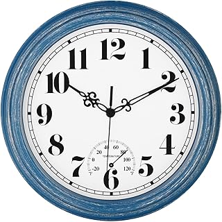 zyzamay 12 Inch Indoor Outdoor Clocks,Waterproof Wall Clock with Thermometer,Easy to Read,Non-Ticking Battery Operated Quality Quartz Clock, Decorative for Patio,Porch,Pool,Bathroom,Deck(Blue)