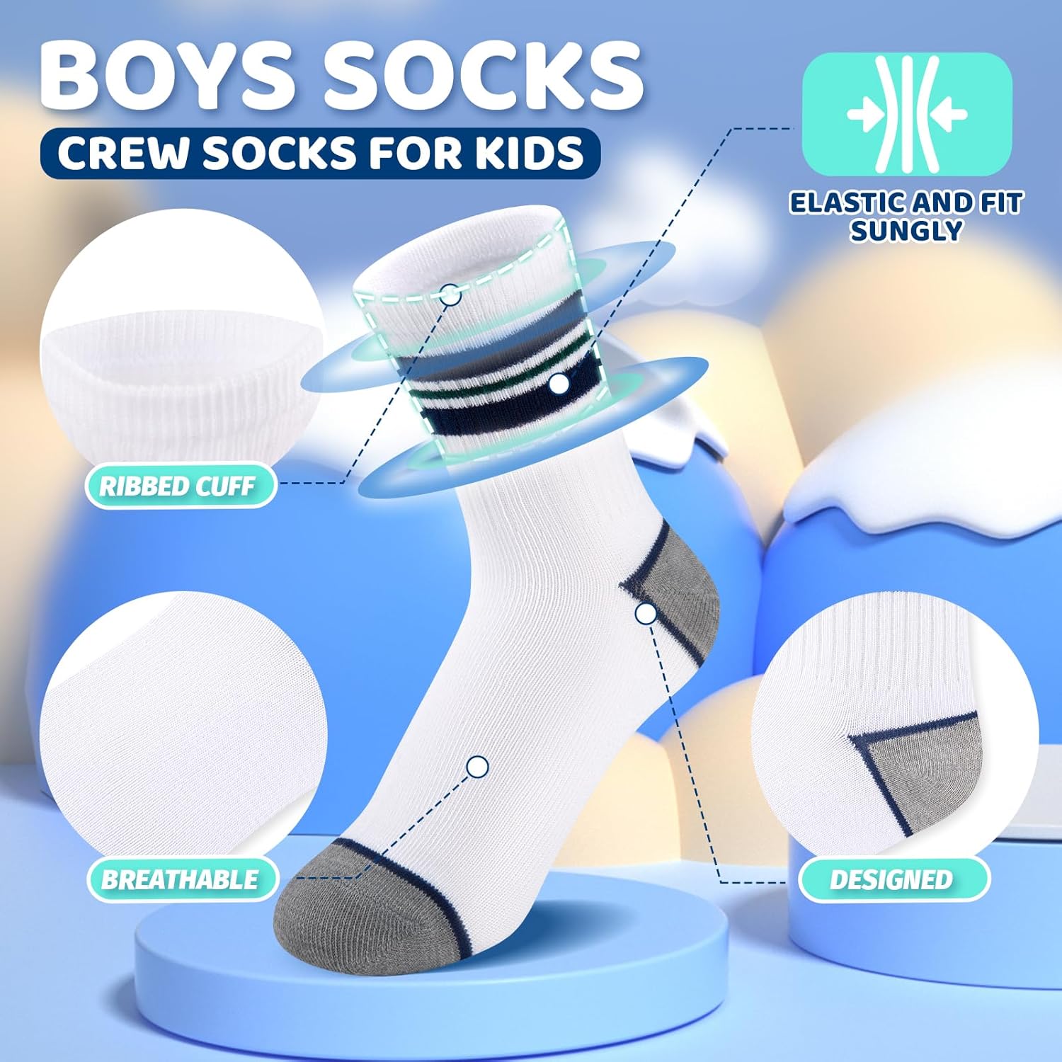 20 Pairs Boys Crew Socks, Black Socks for Kids, Multipack for Athletic School, 4-12 Years Old - Image 3