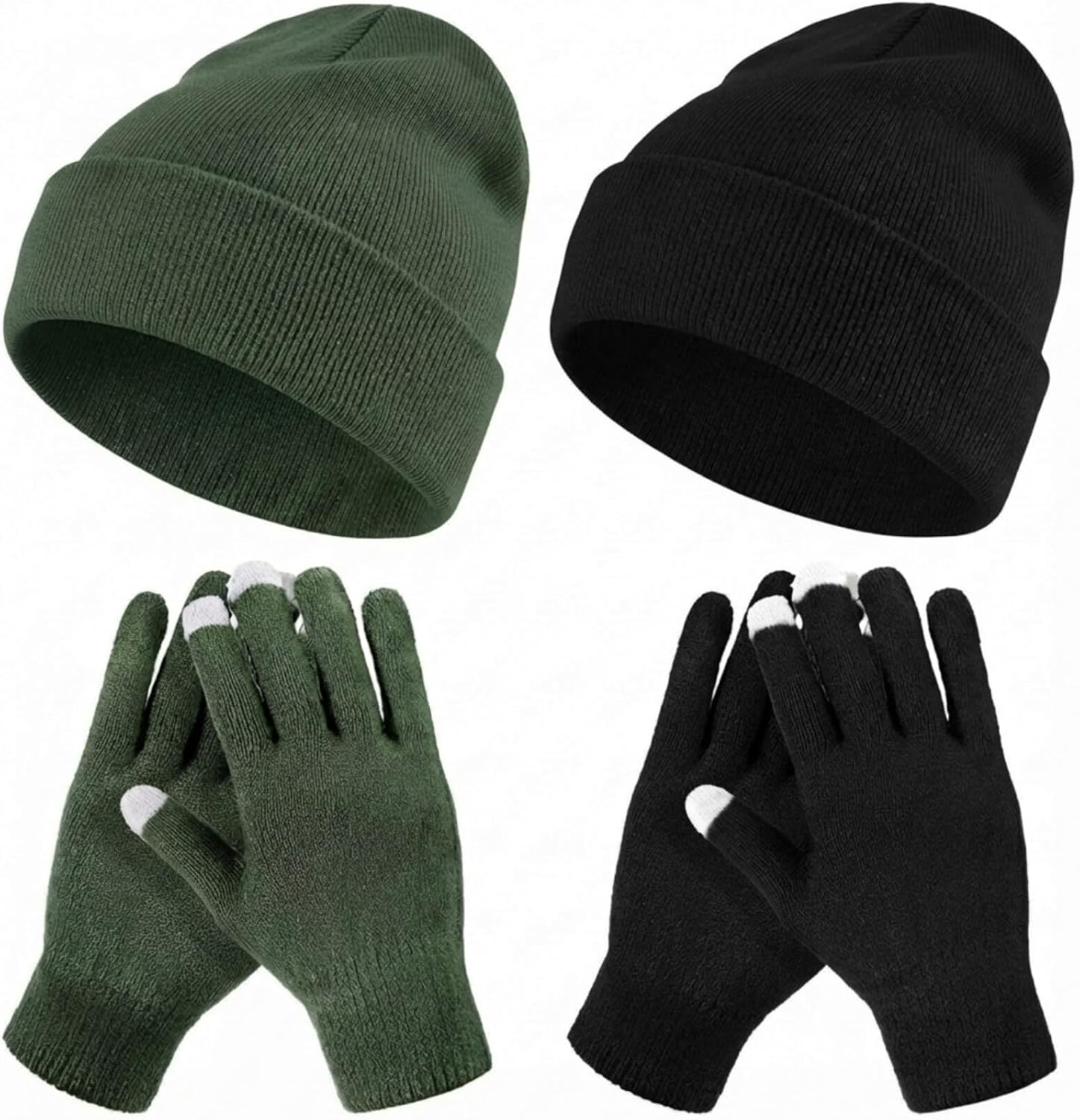 4 Pcs Winter Knit Beanie Hat and Touchscreen Gloves Set for Women Men Warm Acrylic Cap and Gloves Set