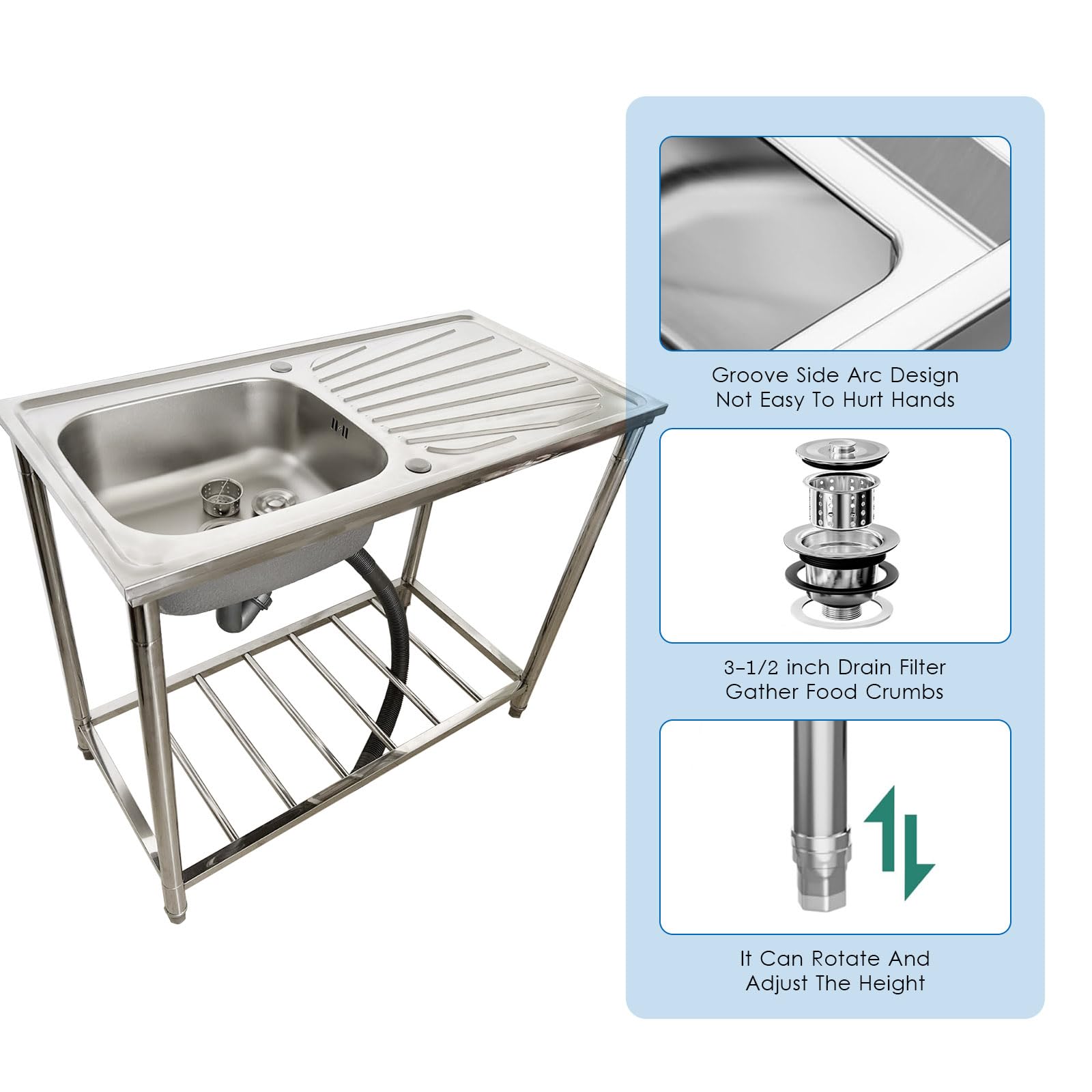 Fregadero de acero inoxidable para restaurante comercial, fregadero de un seno para catering con desagüe, kit de desagüe, grifo para cocina de restaurante, garaje y bar