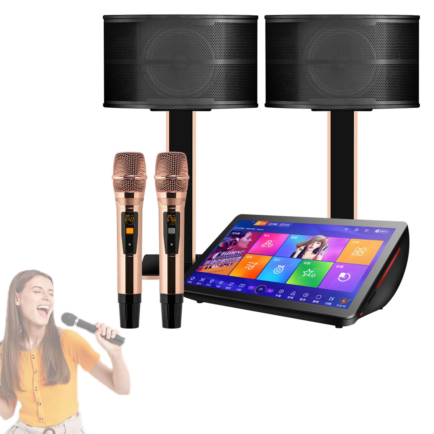 UWYTGF KTV Karaoke System, 19.5 Inch Professional 4K Capacitive Touch Screen Karaoke Player Set with Wireless Microphone & 10-inch Speaker, Power Amplifier Function, for Home, Bar (1T)