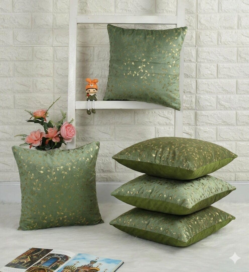 TEXIVA Luxury Velvet Cushion Cover 16x16 Inch with Metallic Gold Foil Print | Soft Decorative Throw Pillow Cover for Sofa, Bed & Living Room-Green::Gold-image-24