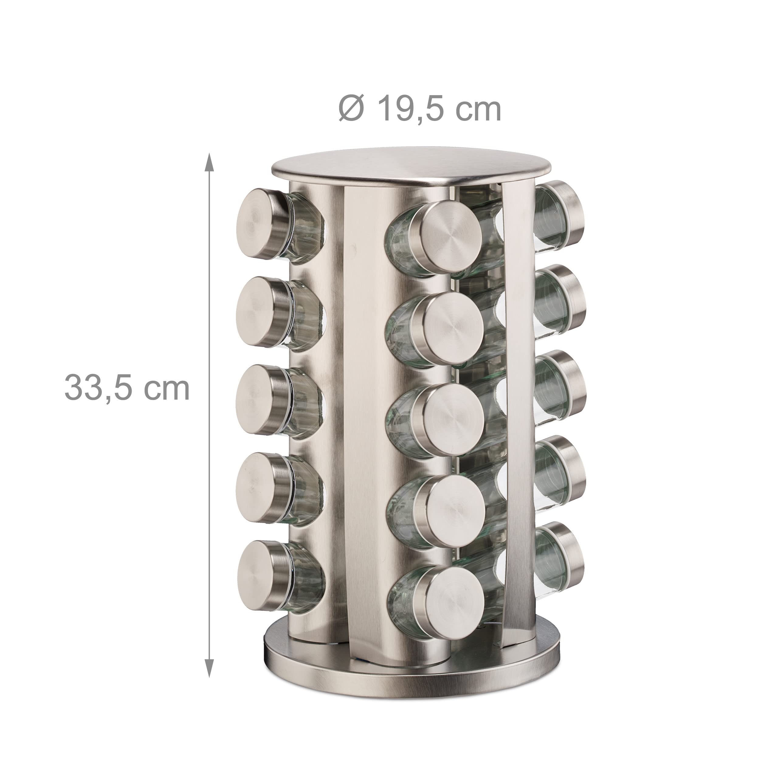 Relaxdays Portaspezie da Cucina, con 20 Barattoli, 40 Etichette, Girevole a 360°, Riempibile, Acciaio Inox, Argentato
