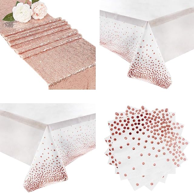 Pesonlook 4 Packs Party Table Cloths Rectangle Tables Table Covers for Parties Sequin Table Runner Rose Gold Disposable Tablecloths Rose Gold Event Party Supplies Fabric Decorations For Holiday