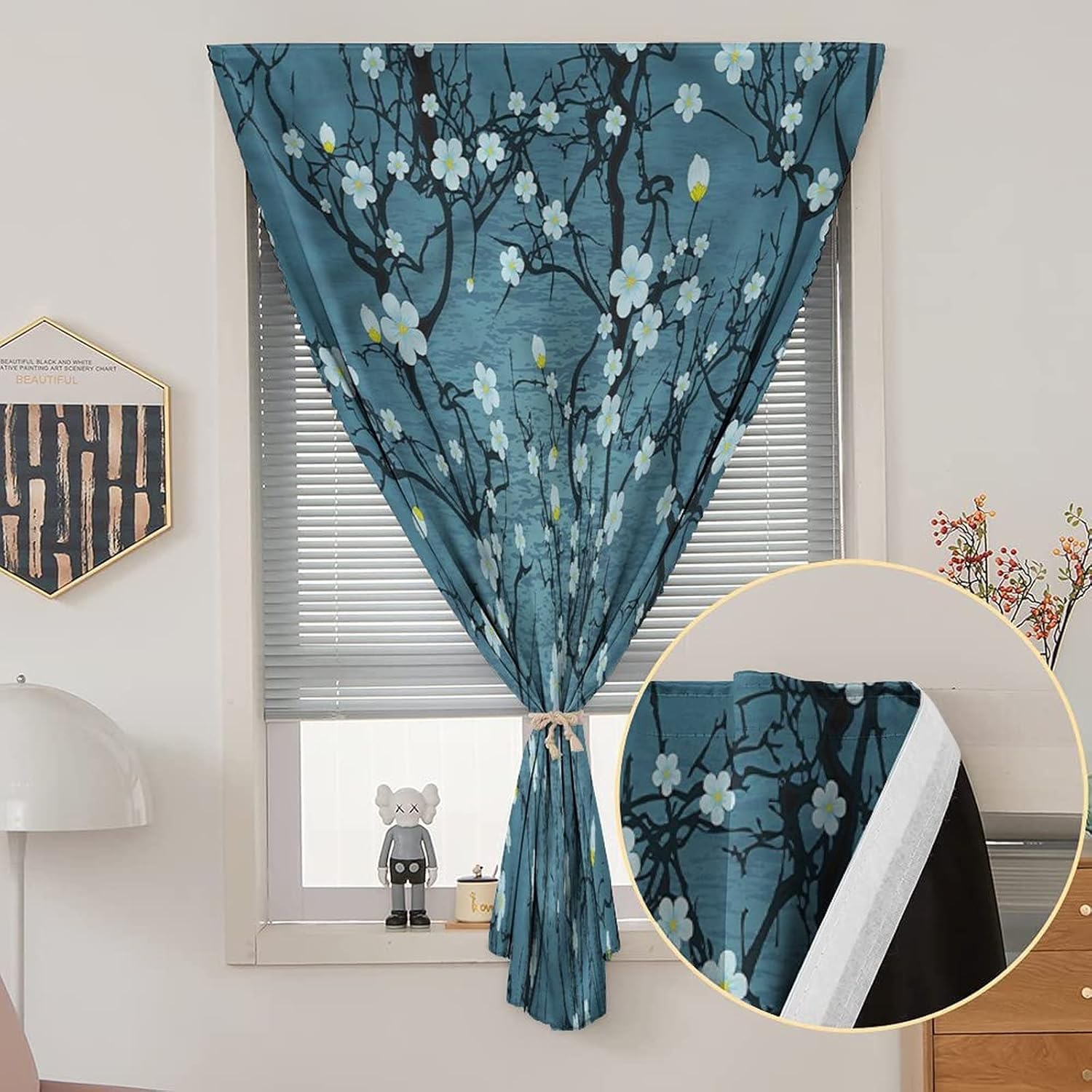 Self Adhesive Portable Blackout Curtains, Floral Room Darkening Curtains, Sakura Cherry Tree Branches Print Temporary Blackout Blinds,47W x54L Inch, for Nursery,Children Kids Bedroom or Travel Use