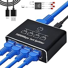 LAN Splitter 1 auf 4 Gigabit Ethernet Netzwerk Splitter 1000 Mbps, 4-Port LAN Switch mit USB-C Stromkabel, RJ45 Ethernet Splitter für Computer, Router, Set-Top Box, IPTV, Digital TV & Mehr