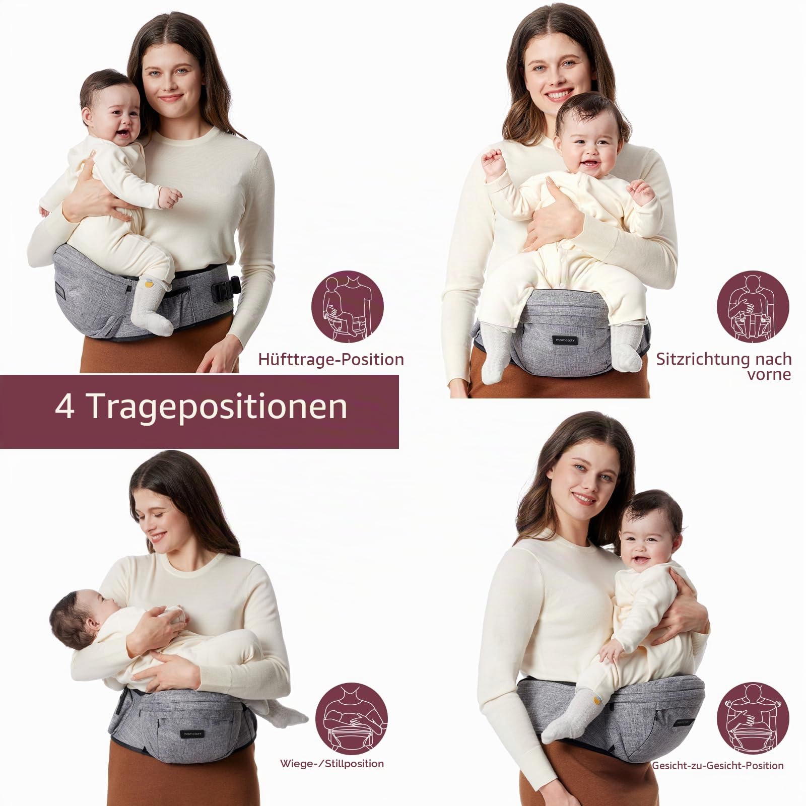 Momcozy Hüftsitz Babytrage - Verstellbarer Bund mit Original 3D Bauchschutz & EVA Massagebrett, Ergonomische Tragetasche mit verschiedenen Taschen für Neugeborene & Kleinkinder bis 20.4 kg (Grau,