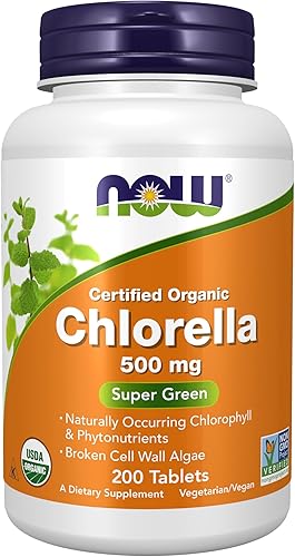NOW Foods Suplementos, Clorela orgánica de 500 mg con clorofila natural, beta-caroteno, carotenoides mixtos, vitamina C, hierro y proteína, 200