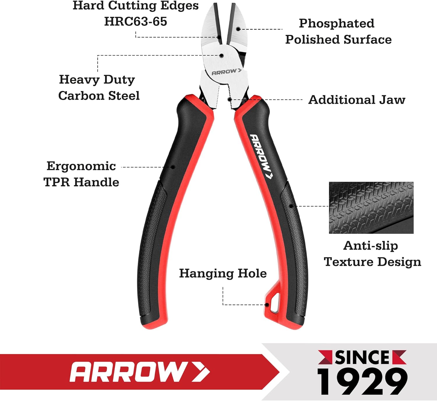 ARROW High Leverage Diagonal Pliers, 6 Inch Wire Cutters with Comfortable TPR Handle, High Carbon Steel Side Cutters for Cutting Wire (Pack of 2)