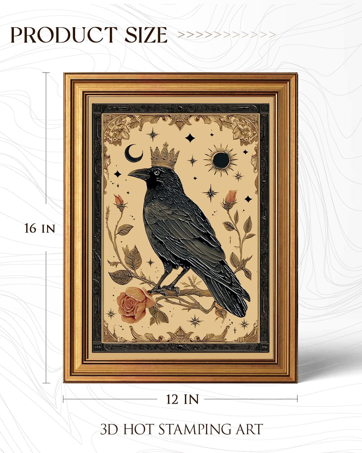 InSimSea Gold Framed 3D Textured Wall Art, Vintage King Raven Norse Folk Home Artwork, Mystical Flowery Crown Paintings Boho Art for Living Room Hallway Shelf, 12x16inch
