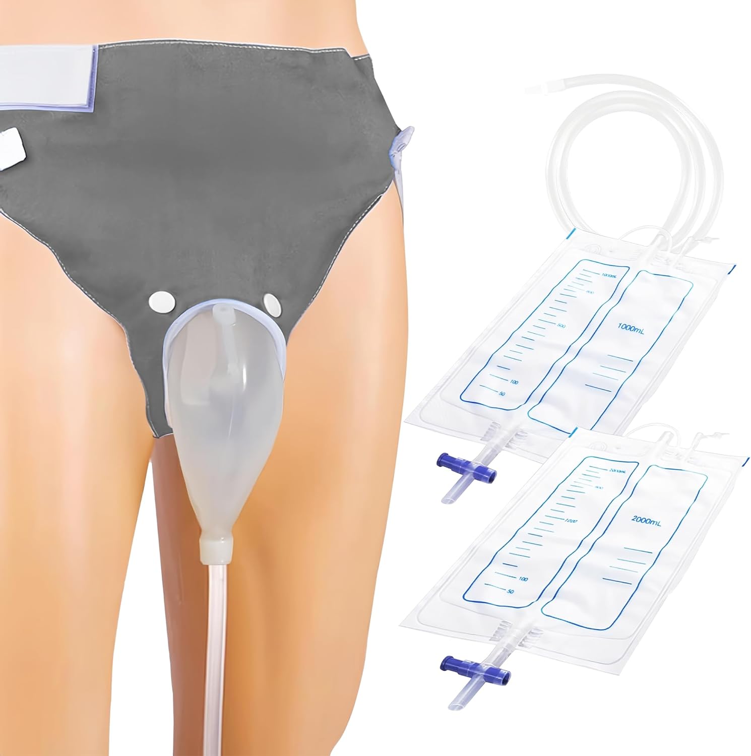 Urine Collection Bag Reusable Wearable Silicone Urine Drainage Device with 2 Bag Systems (Elderly Men, Grey)