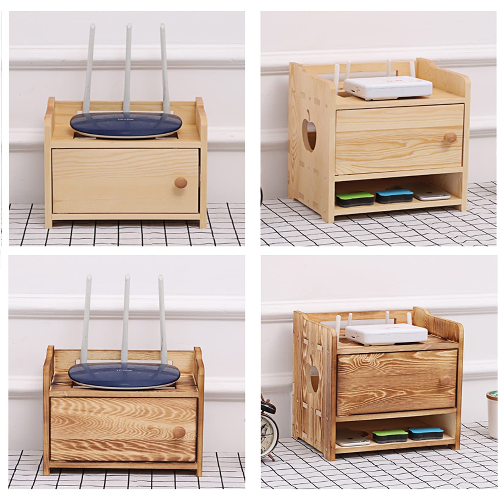 Pudełko do przechowywania WiFi, Organizer na kable do montażu biurku/ścianie, solidny, drewniany, przechowywania dekoderów kablowych(A,32x23x31 cm)