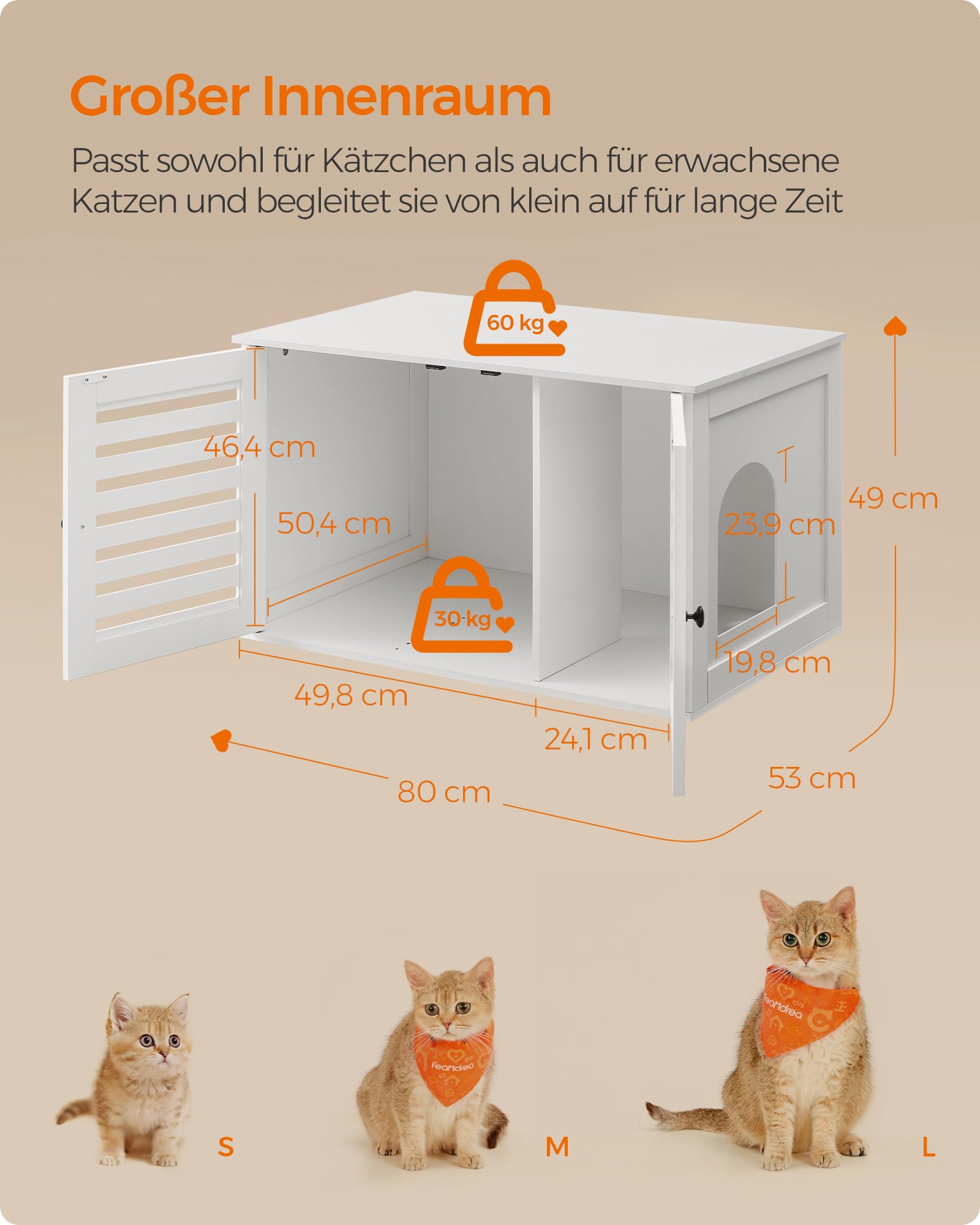 Feandrea Katzenklo-Schrank, Katzenhaus mit herausnehmbarer Trennwand, 2 Lamellentüren, Katzentoilette, Beistelltisch, 80 x 53 x 49 cm, wolkenweiß PCL003W01