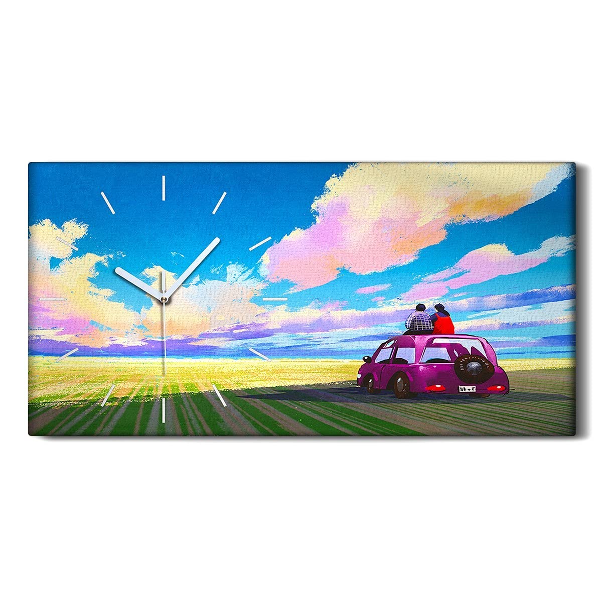 Horloge sur toile 60x30cm paysage de voitures et prairies avec aiguilles blanches