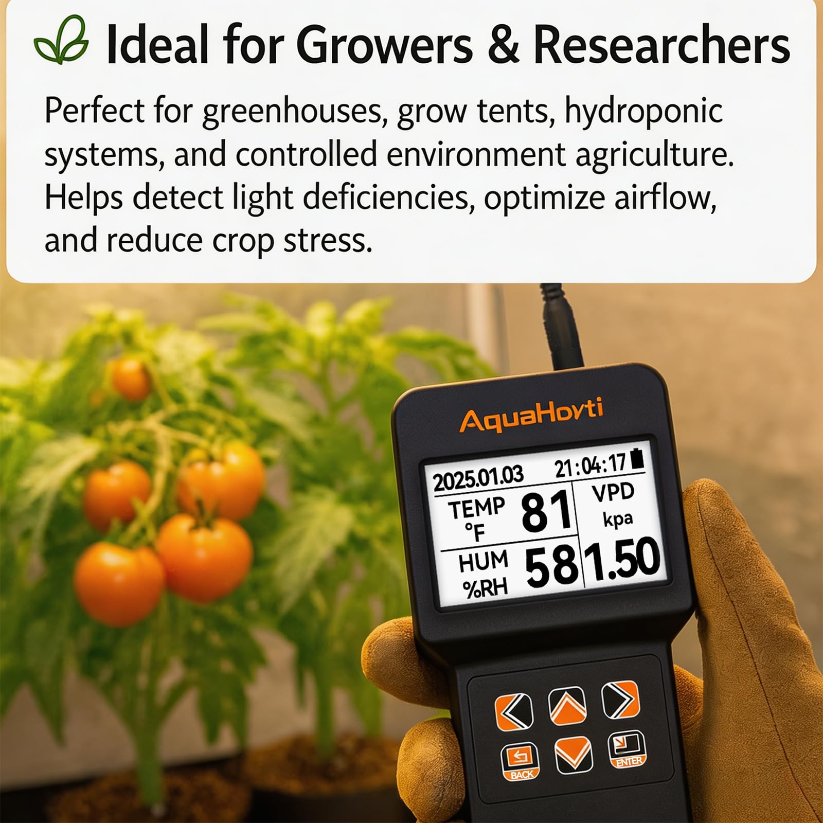 AH-200 PAR-Messer mit CO₂-, Temperatur- und Feuchtigkeitssensoren – Aufzeichnung von PAR, DLI, VPD und CO2 für Pflanzen – USB-Datenlogger – Gewächshäuser, Grow-Tents, Hydrokultur