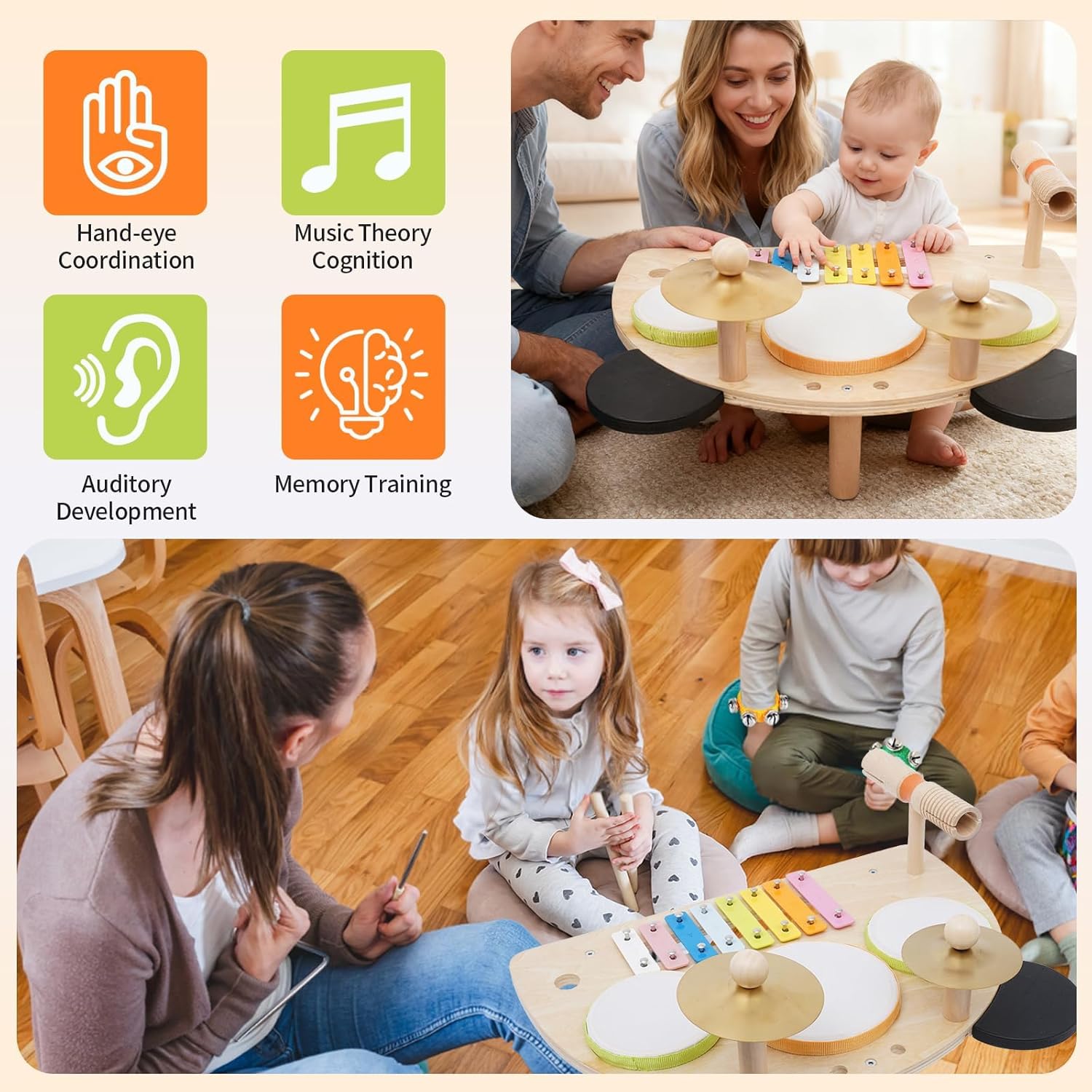 Kids Drum Set, Montessori Musical Instruments for Toddlers 1-3, Wooden Baby Musical Toys, Musical Activity Table Preschool Learning Xylophone Drum Kit, Christmas Birthday Gift for Boys Girls Ages 1-3
