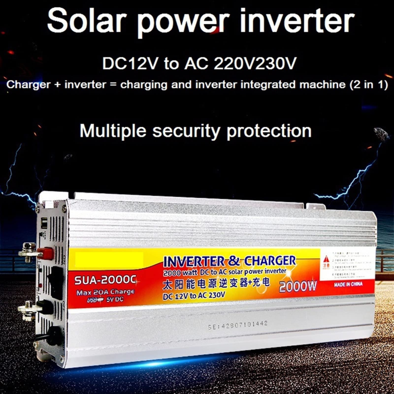 Inversor híbrido de 12v, inversor de energía Solar, cargador, transformador de voltaje, USB 500W, 1000W, 2000W, Adaptador convertidor for el hogar(12V 2000W)