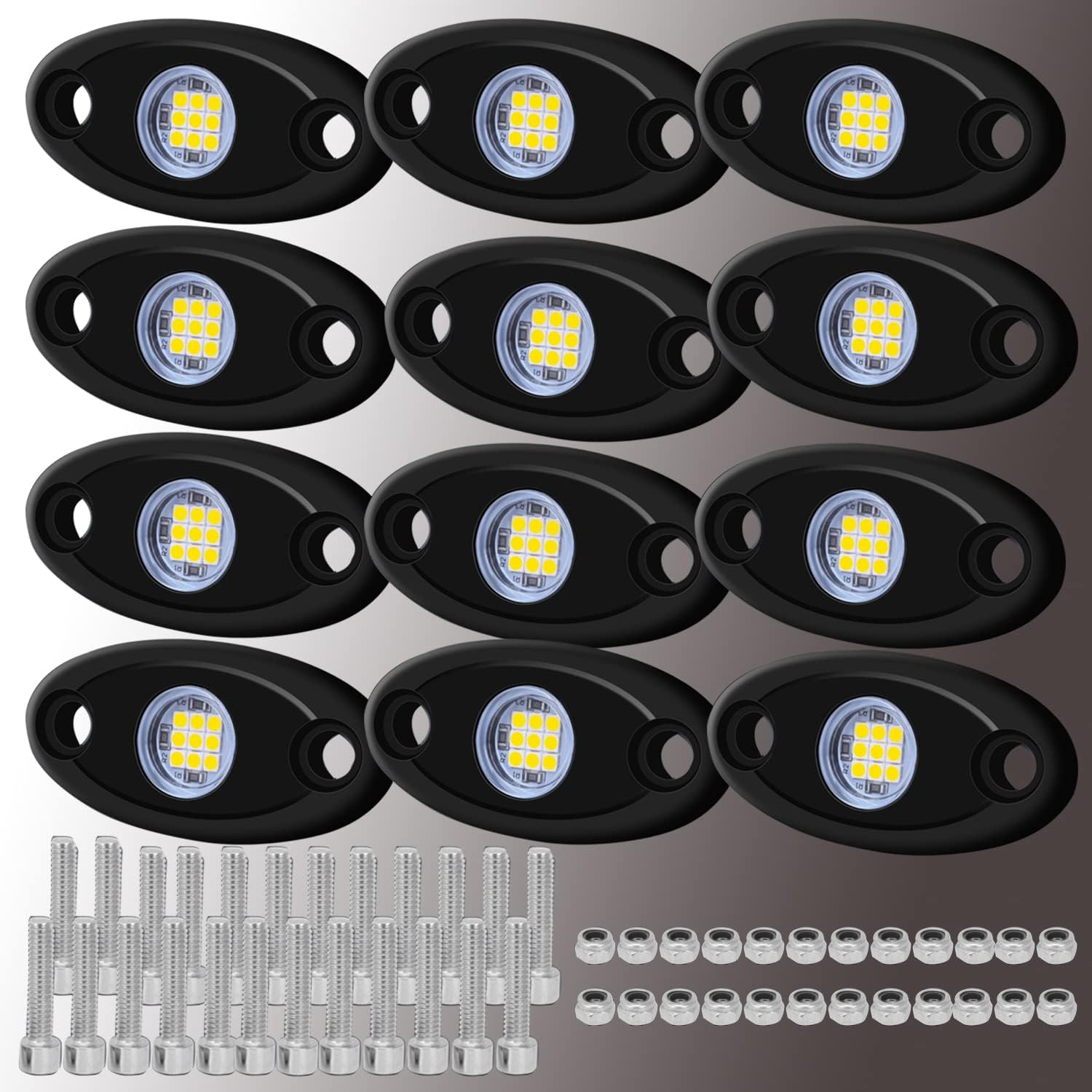 12 Pods LED Rock Lights Neon Underglow Light for Car Truck ATV SUV Under Body Glow Light Trail Fender Lighting (White)