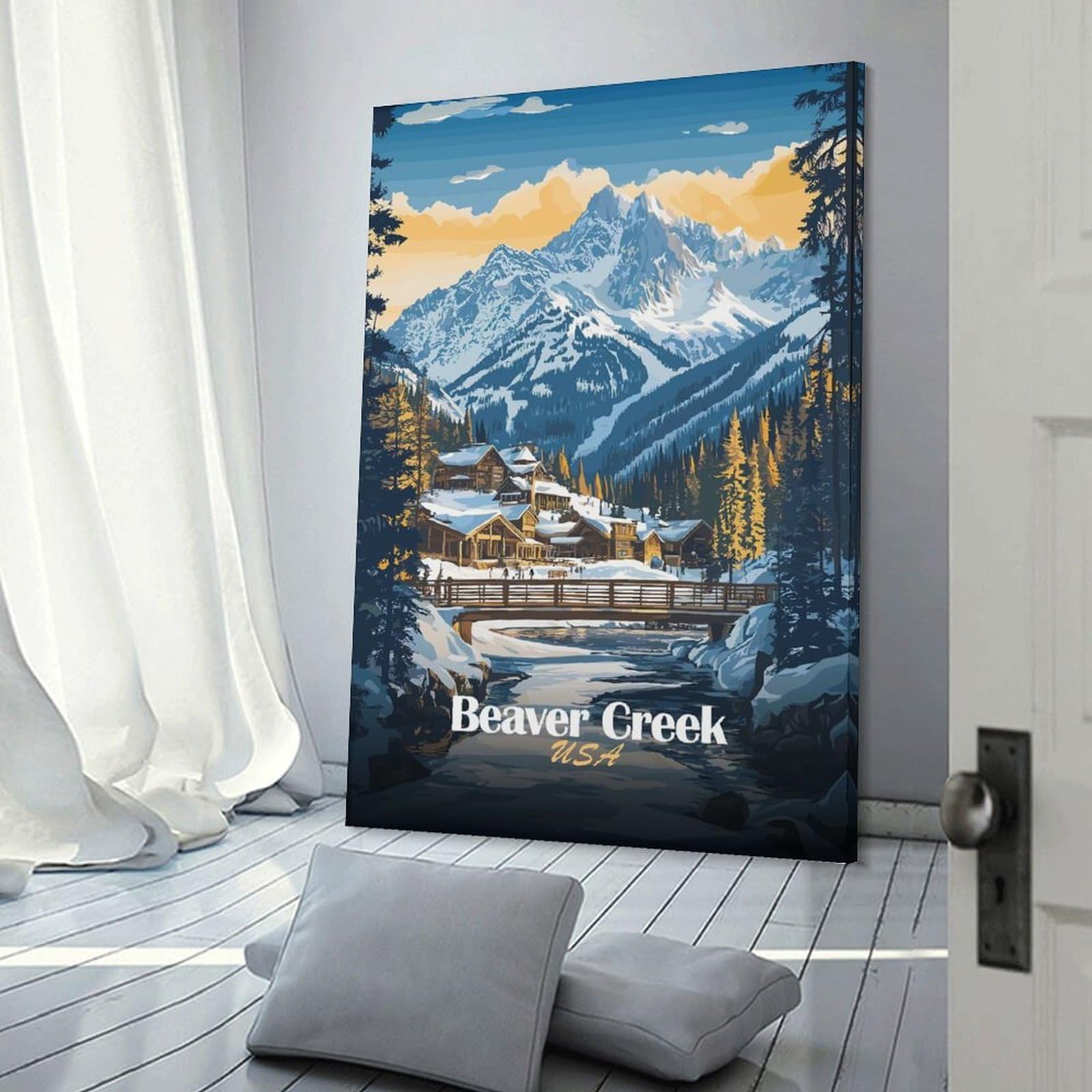 Junmoney Frame-Style-3 Hanging Wall Art Beaver Creek Mountain Village, 24X36inch(60X90cm), For Sofa Walls, Lounge Or Home Corners, Canvas Styling For A Polished Room Look
