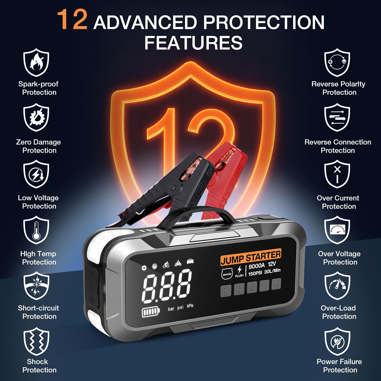 Paquete de potencia mejorado de arranque 9000A, 22 cilindros, tiempo de inflado rápido de 90 segundos, con iluminación LED, chip de IA, compresor de aire de 12 V, 150 PSI, para vehículos diésel