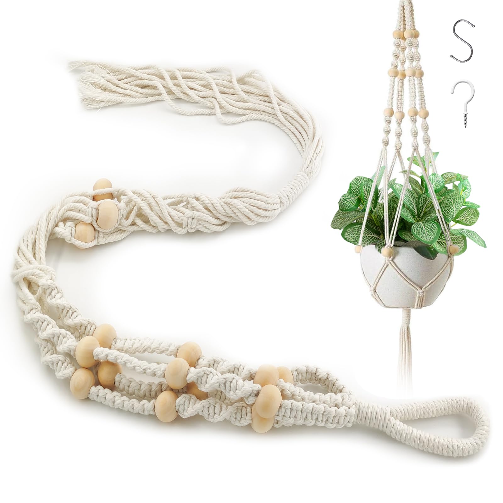 xiaoxiaozhijia Cesta de Cuerda de Algodón,Macetas Colgante para Plantas,Colgador de Macetas de Interior con Gancho para Decoración de Salón,Exterior,Balcón,Ventana,Pared(Beige-Beads-Tassels)
