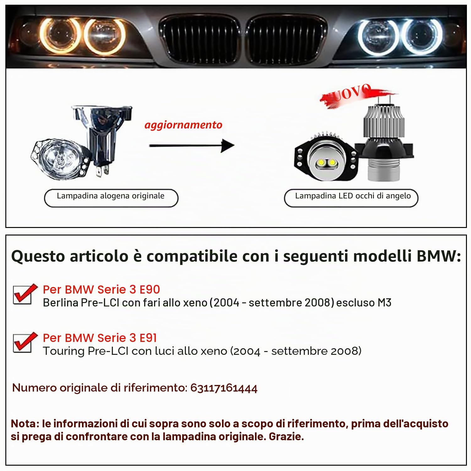 WinPower Angel Eyes Pre-restyling E90/E91 2005-2008 Anello luminoso Luci di posizione 63117161444 12W Nessun errore 6000K Bianco Xenon, 2 Pezzi