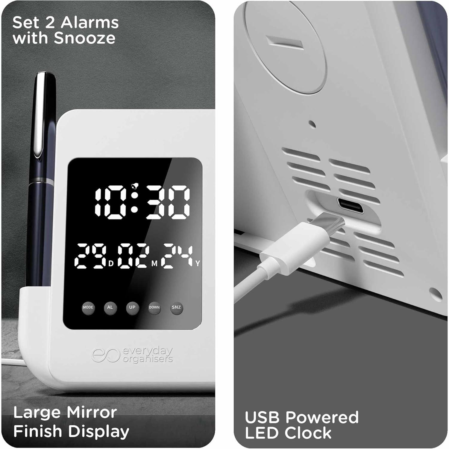 eo Digital Alarm Clock setting alarms, large mirror display, and USB power port