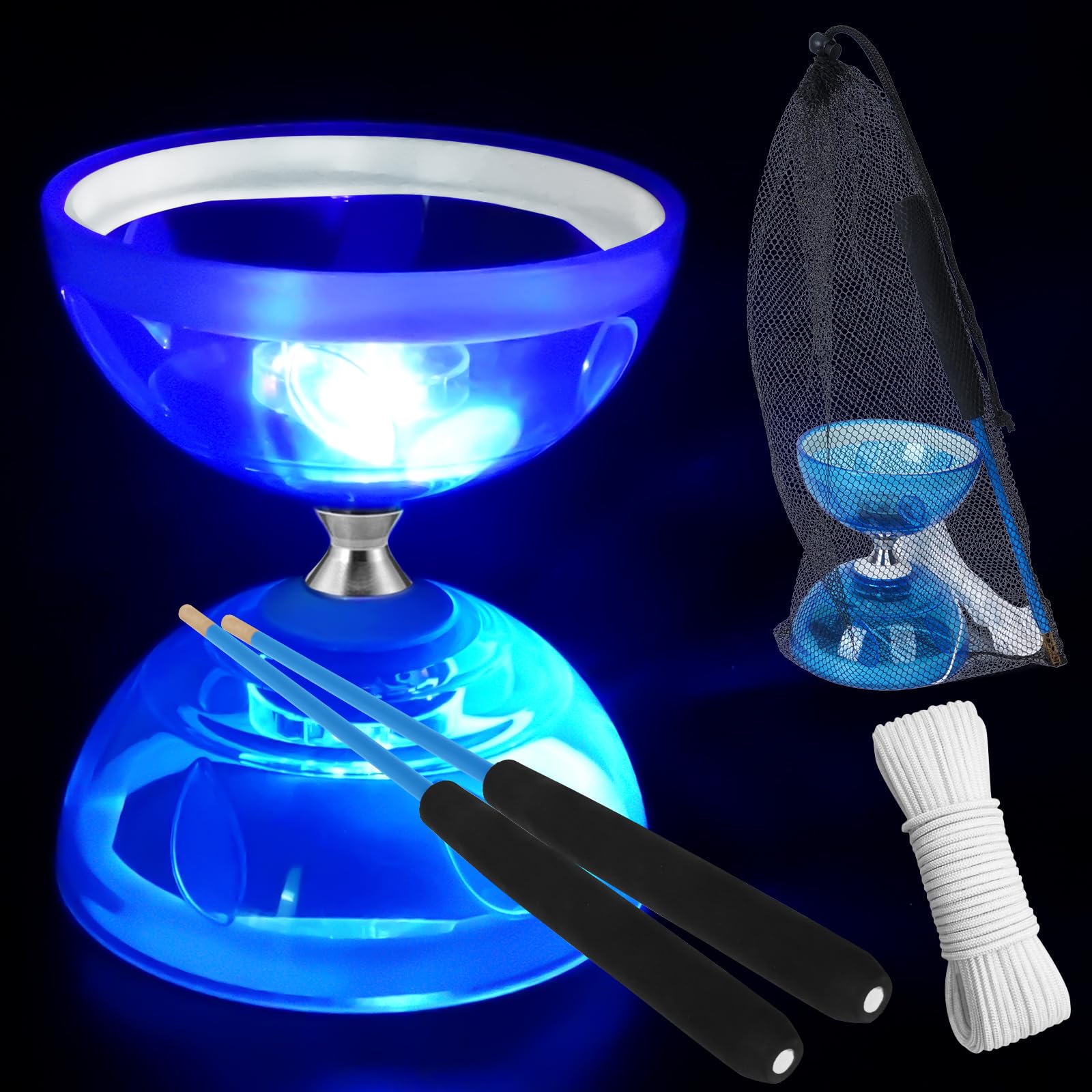 Juego de Malabares LED Diabolo, 4,5 mm Diábolo LED con Rodamiento de Bolas Diábolo Juego de Malabares para Principiantes Profesionales con 2 Bastones, 10M Cuerda de Repuesto, Bolsa de Guardado