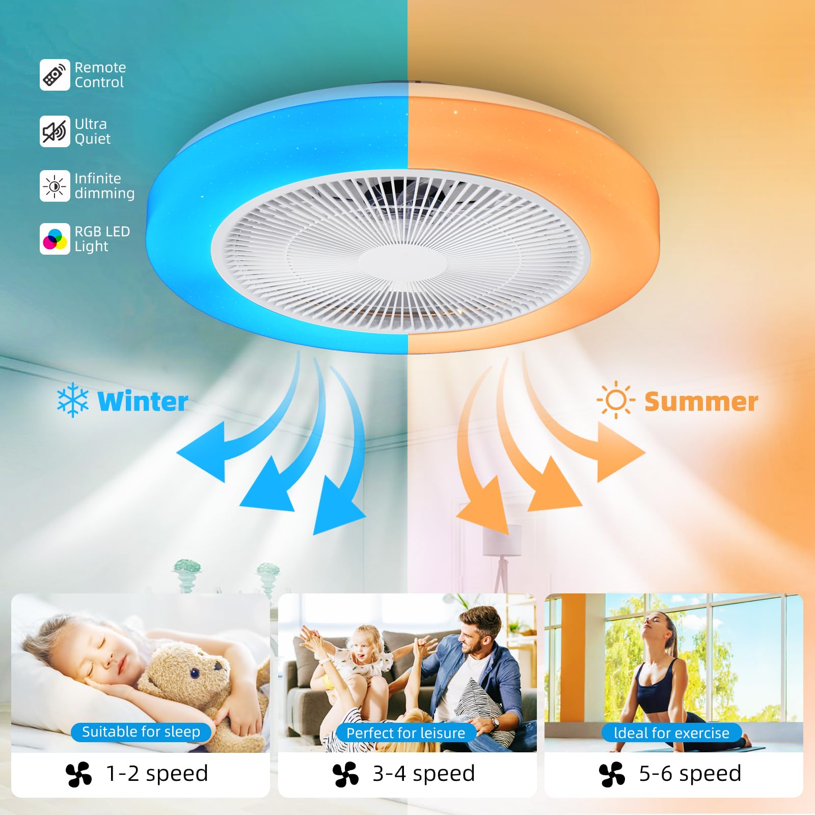 Ventilador de Techo Con Luz RGB,Moderno Regulable Ventiladores de Techo,50CM Reversible RGB Lampara Ventiladores de Techo,6 Velocidades LED Plafon Regulable con mando a distancia y APP (Blanco)