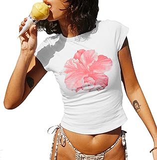 Graphic Baby Tees for Women Y2k Flower Print Short Sleeve Crop Top Teen Girls Aesthetic Vintage Shirts Summer