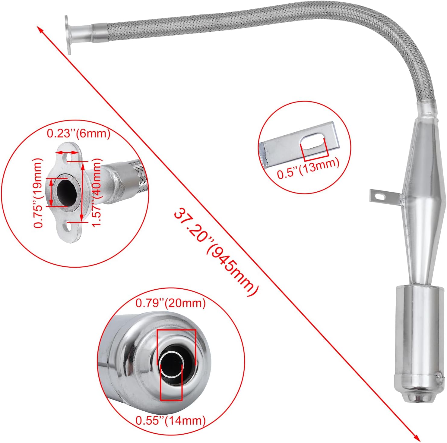 Stainless Steel Flexible Exhaust Muffler Pipe Silencer Gasket for 2 Stroke 49cc 60cc 66cc 80cc 100cc Engine Gas Motorized Bicycle Motor Bike (Silver)